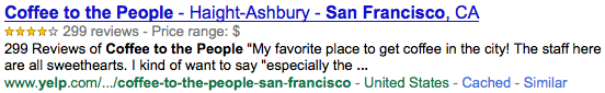 screenshot fragment of a Google Rich Snippet of a Yelp search result showing average rating and number of reviews from their use of the hReview-aggregate